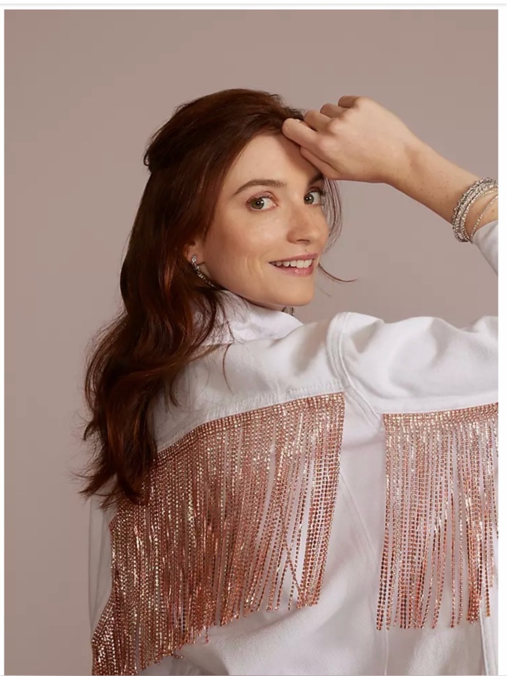 Daniel Diamond X David’s Bridal White Jean Jacket with Rose Gold Fringe